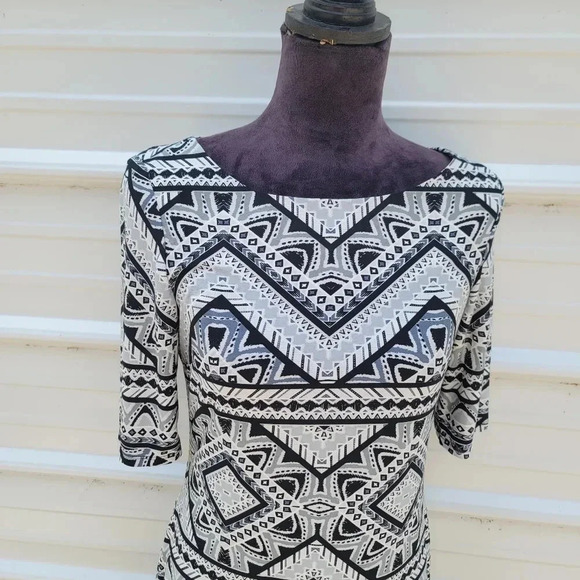 Eliza J Dress Geometric Abstract Black White Shift Pink Stripe Stretch Elbow 6 - Picture 10 of 11